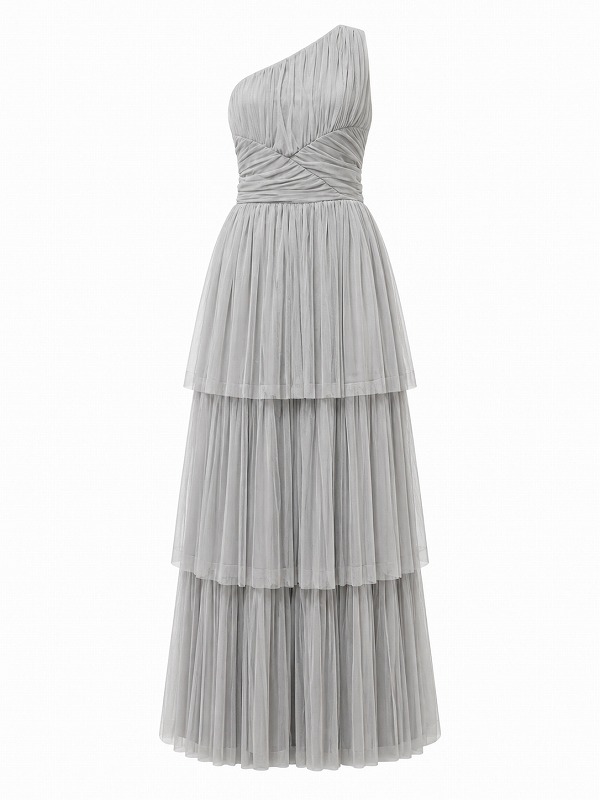 【新品DRESS 969】ワンショルティアードスカートフレアロングドレス グレー【BEAUUT】